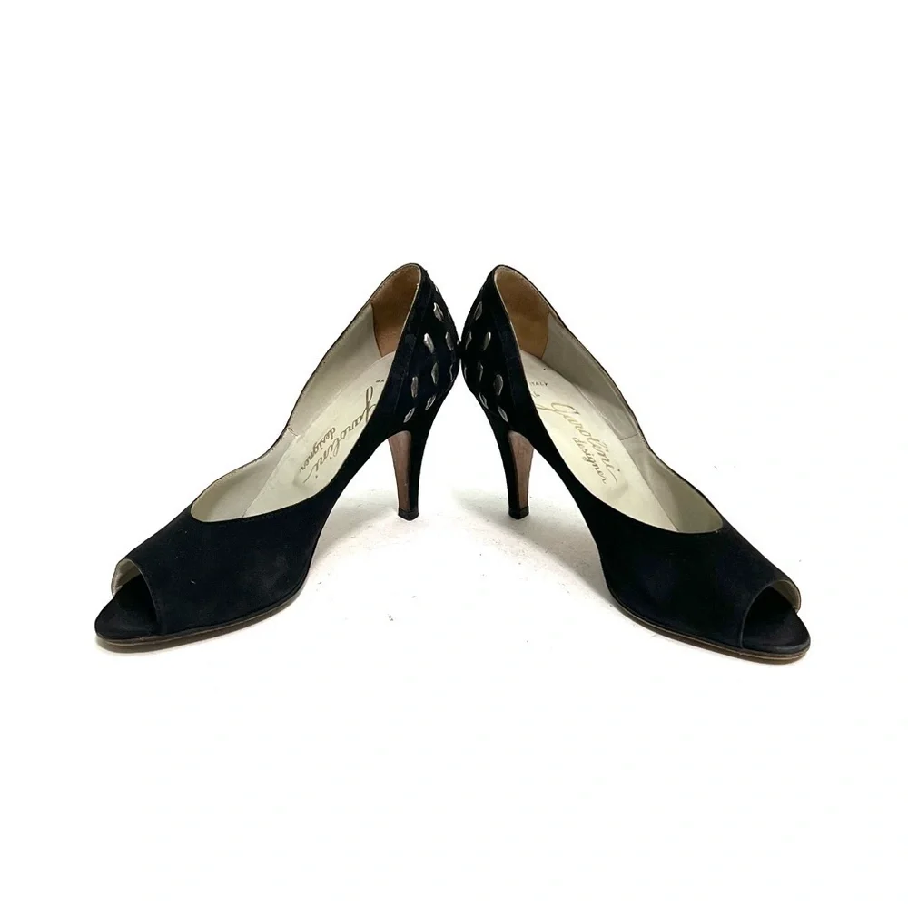 Vintage 1970s black suede peep toe studded heel stiletto pumps